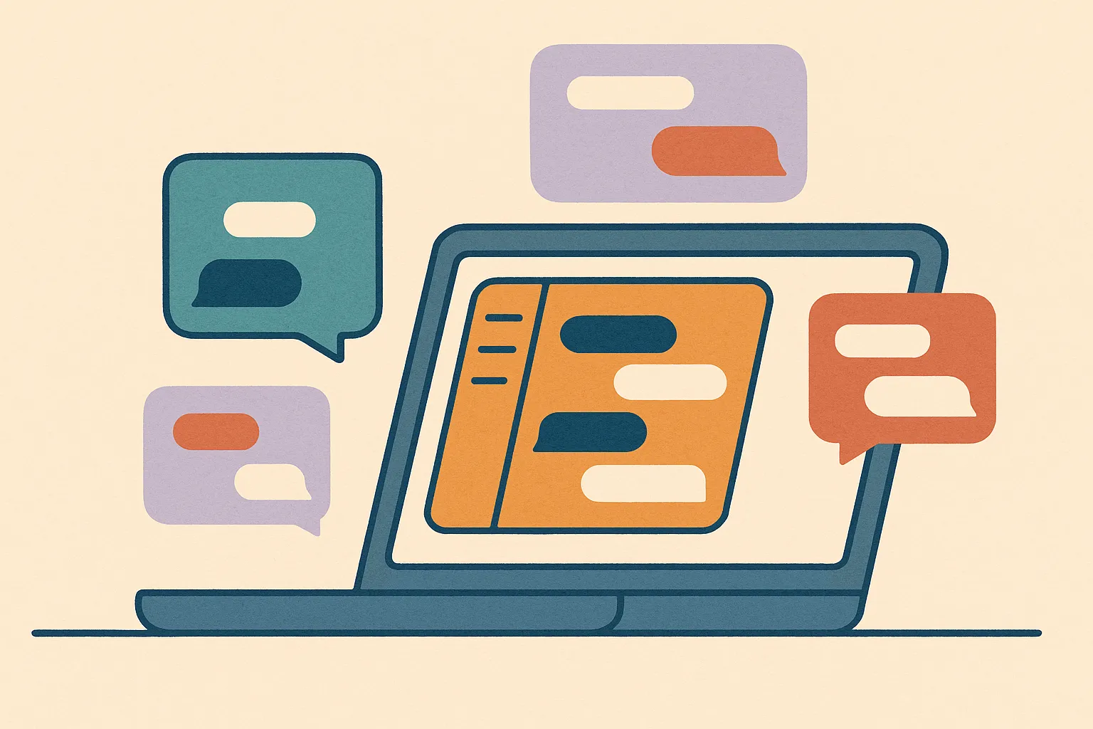 Flat-vector laptop desk with many message windows flowing into one calm Franz sidebar