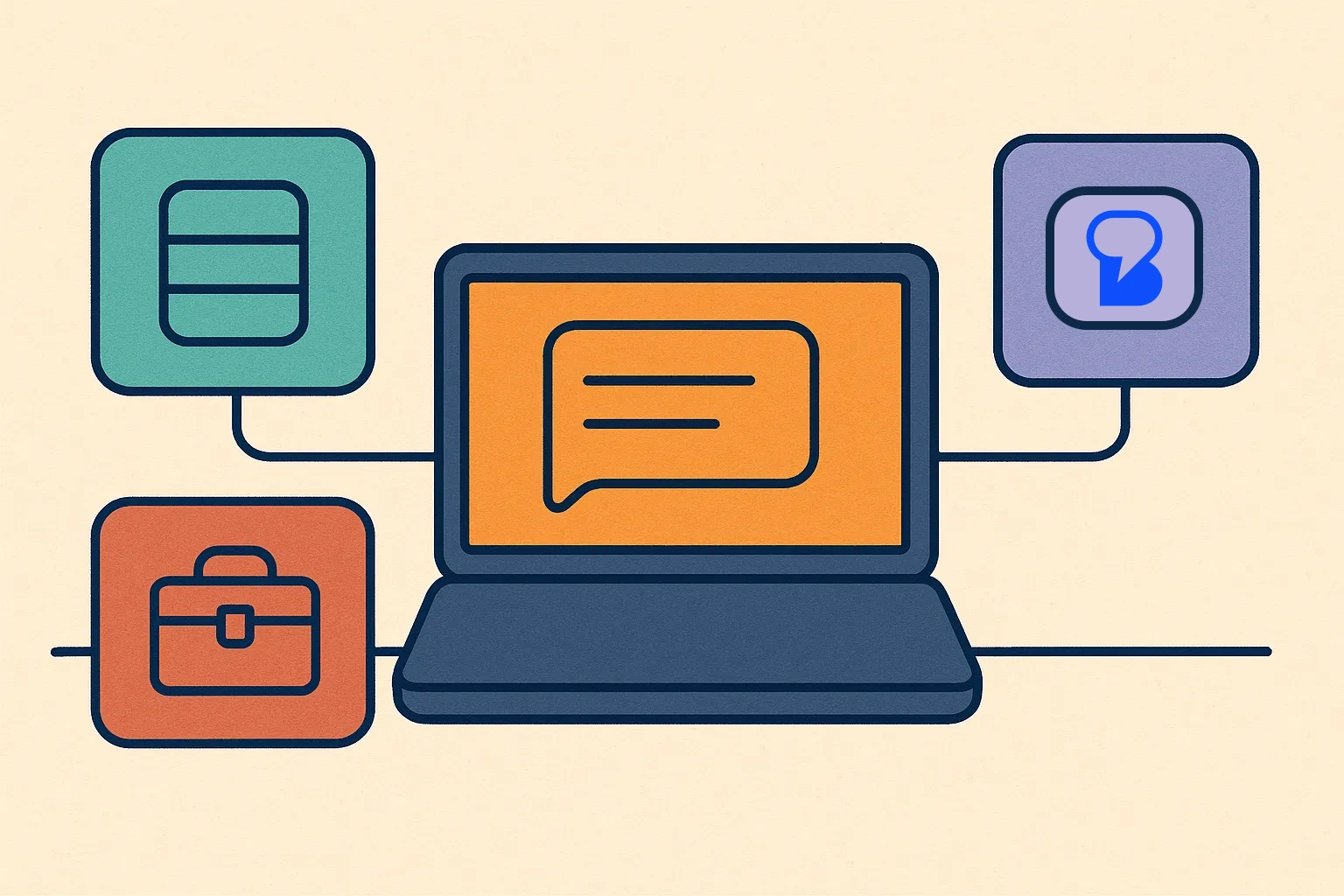 Flat-vector decision map comparing desktop messaging options with the Beeper logo in one node