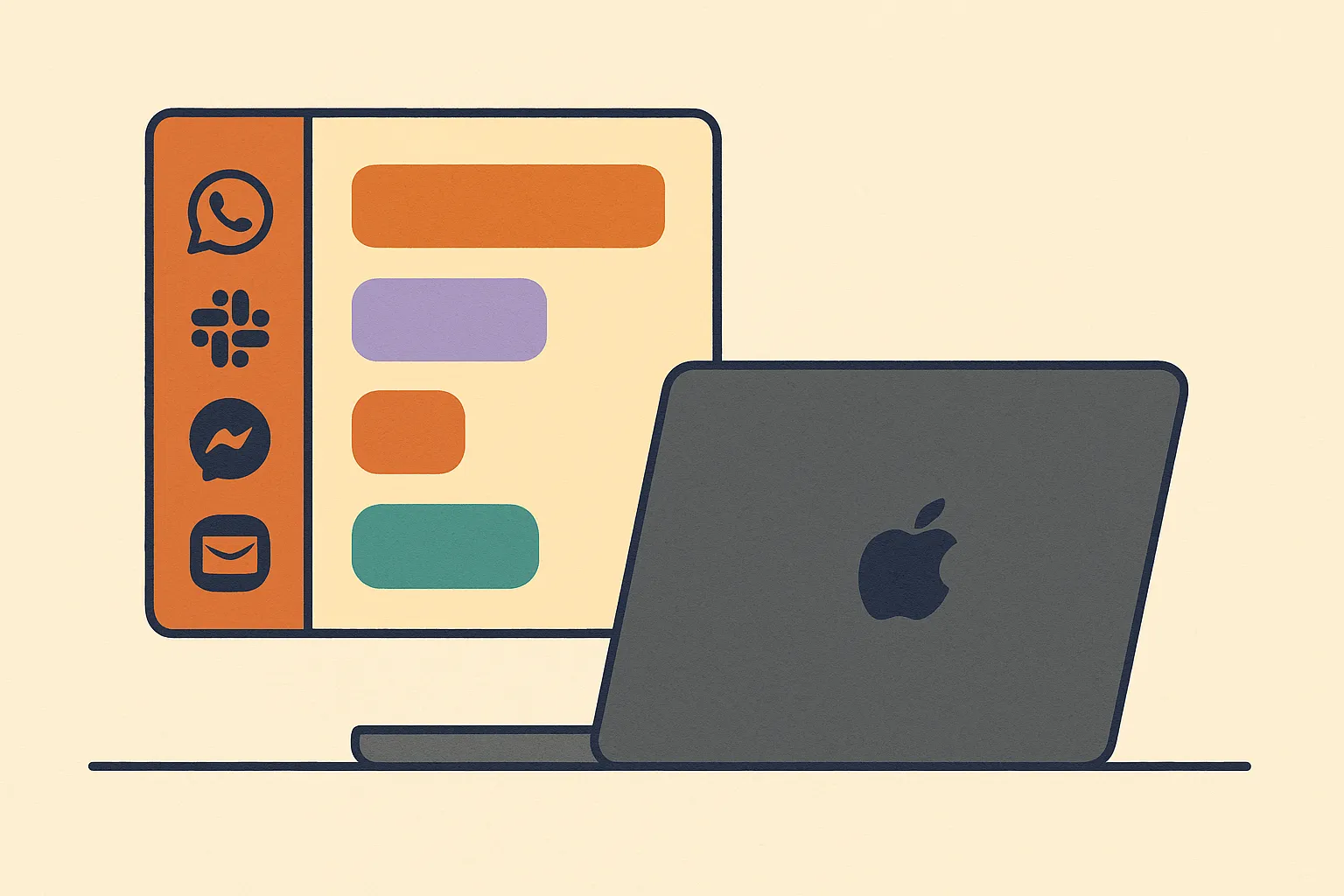 Flat-vector Mac laptop with an Apple logo and messaging services organized in one Franz workspace