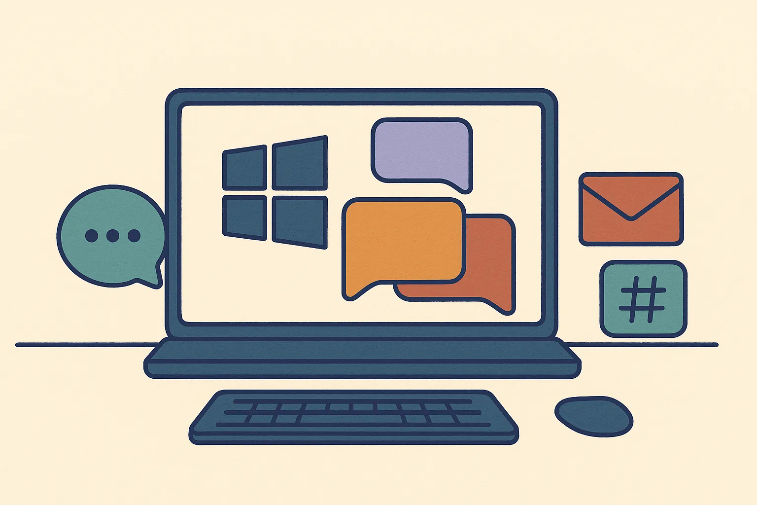 Flat-vector Windows desktop with a Windows logo on the laptop screen and messaging panes arranged in one Franz workspace