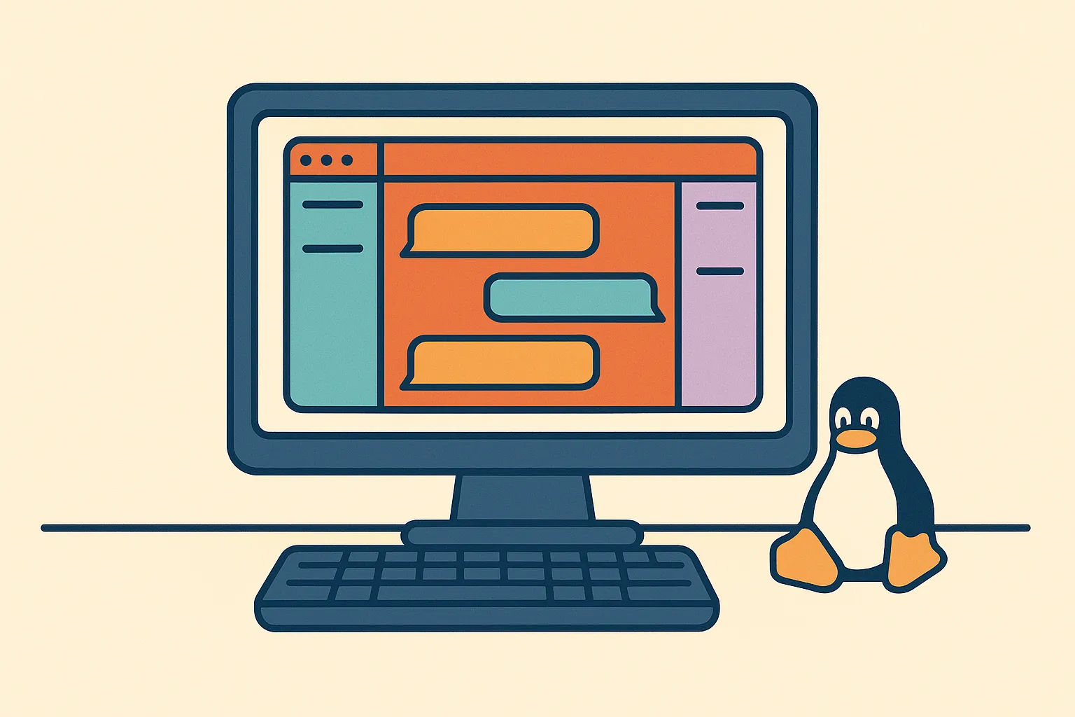 Flat-vector Linux workstation with chat panels organized into one focused desktop app