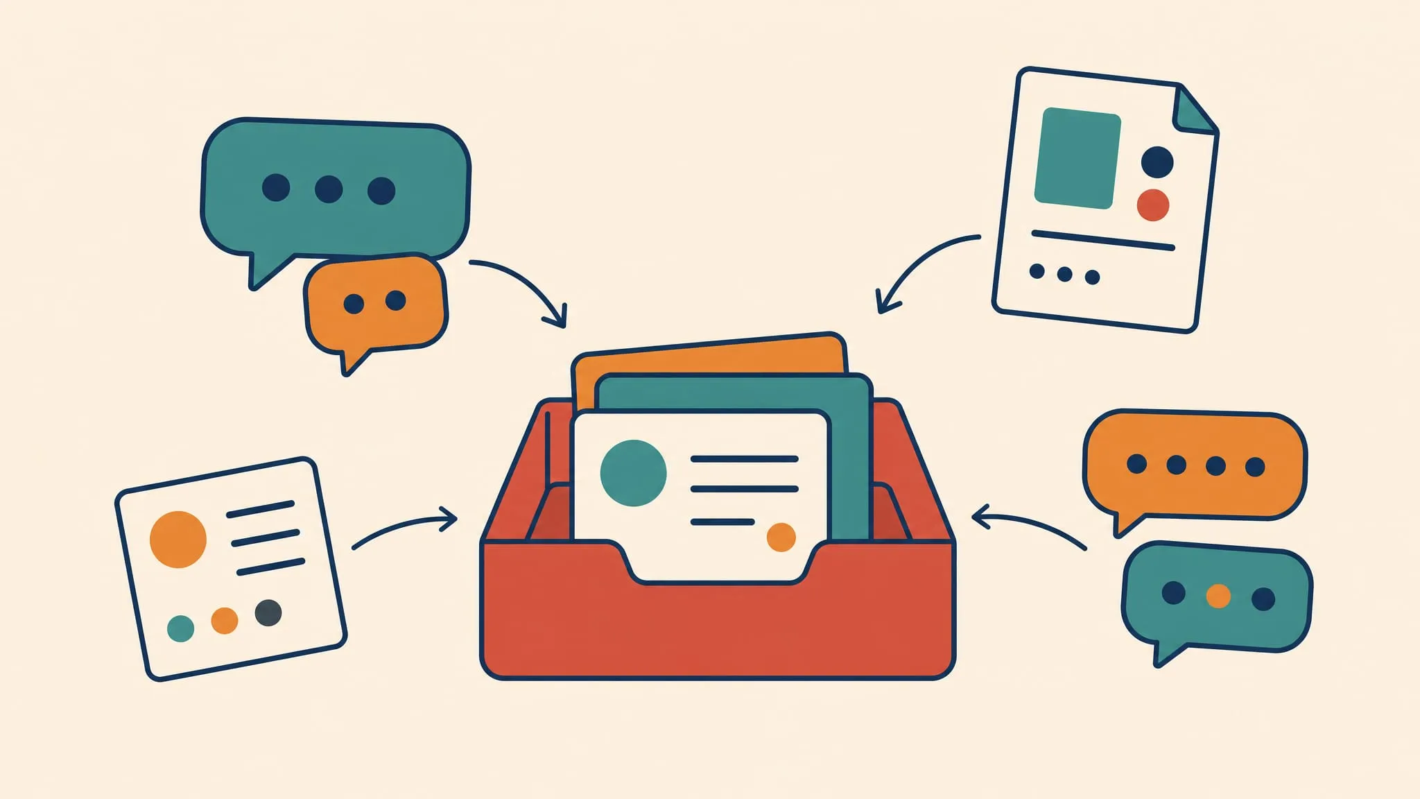 Calm desktop workspace where scattered client messages from email, chat, and private messengers converge into one clear work surface.