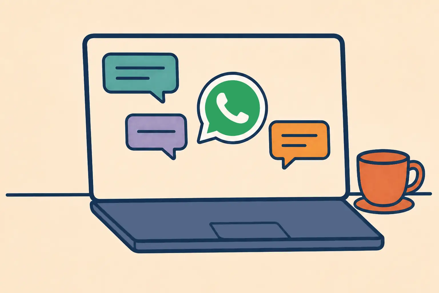 Flat-vector laptop with colorful chat panels flowing into one warm orange sidebar