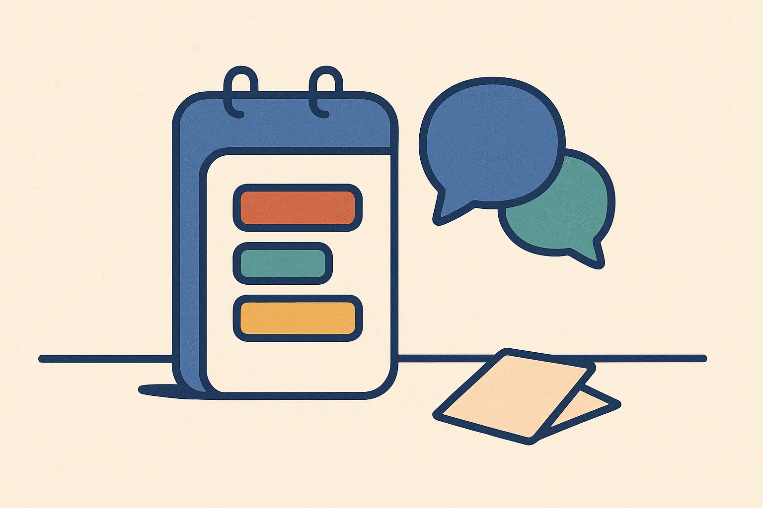 Flat editorial illustration of a calendar with a day's events sitting beside two speech bubbles on a desk, representing schedule and conversation together in Franz